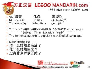 













你 每天

Nǐ měi tiān
You everyday

几点

jǐ diǎn
what time

起 床?

qǐ chuáng?
get up?

This is a “ WHO WHEN ( WHERE) DO WHAT” structure, or
“ Subject Time Location Verb”.
The sentence pattern is opposite with English language.
More Examples:

你什么时候去商店？
他什么时候回来？
比赛什么时候开始？

36

 