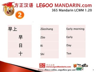 早上

Zǎoshang

Early morning

早

Zǎo

Early

日

Rì

Day

十

Shí

Ten

6

 