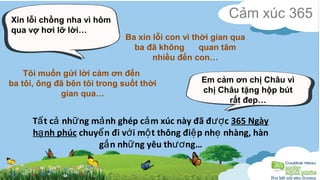 Cảm xúc 365 Xin lỗi chồng nha vì hôm 
qua vợ hơi lỡ lời… 
Ba xin lỗi con vì thời gian qua 
ba đã không quan tâm 
nhiều đến con… 
Tôi muốn gửi lời cảm ơn đến 
ba tôi, ông đã bên tôi trong suốt thời 
gian qua… 
Em cảm ơn chị Châu vì 
chị Châu tặng hộp bút 
T t c nh ng ấ ả ữ mảnh ghép cảm xúc này đã được 365 Ngày 
hạnh phúc chuyển đi với một thông điệp nhẹ nhàng, hàn 
gắn những yêu thương… 
rất đep… 
 