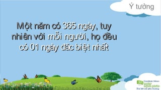 Ý tưởng 
MMộộtt nnăămm ccóó 336655 nnggààyy,, ttuuyy 
nnhhiiêênn vvớớii mmỗỗii nnggưườờii,, hhọọ đđềềuu 
ccóó 0011 nnggààyy đđăăcc bbiiệệtt nnhhấấ..tt 
 