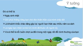 Ý tưởng 
Đó có thể là: 
Ngày sinh nhật 
Giờ phút thiêng liêng bạn chờ đón thiên thần của mình chào đời 
Là khoảnh khắc chào dâng gặp lại người bạn thân sau nhiều năm xa cách 
Là ngày bạn nhận ra trái tim mình đã thuộc về người ấy 
Và có thể là nỗi buồn chợt ùa đến trong một ngày rất đỗi bình thường của bạn 
 