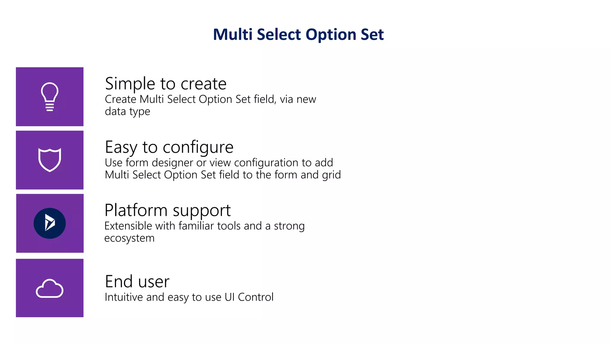 Easy to configure
Use form designer or view configuration to add
Multi Select Option Set field to the form and grid
End user
Intuitive and easy to use UI Control
Simple to create
Create Multi Select Option Set field, via new
data type
Platform support
Extensible with familiar tools and a strong
ecosystem
Multi Select Option Set
 