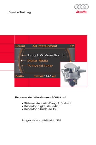Service Training




    Sistemas de Infotainment 2005 Audi

           Sistema de audio Bang & Olufsen
           Receptor digital de radio
           Receptor híbrido de TV



         Programa autodidáctico 366
 