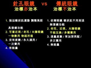 針孔眼鏡針孔眼鏡 vsvs 傳統眼鏡傳統眼鏡
治標治標亦亦治本 治標治本 治標不不治本治本
1.1. 強迫睫狀肌運動 調整焦距強迫睫狀肌運動 調整焦距
具復健功能具復健功能
2.2. 可當近視可當近視 // 老花老花 // 太陽眼鏡太陽眼鏡
一物數用 物超所值一物數用 物超所值
3.3. 沒有度數沒有度數 // 永久適用永久適用 //
ㄧ次費用ㄧ次費用
4.4. 有能量有能量
1.1. 依賴眼鏡 睫狀肌不用則退依賴眼鏡 睫狀肌不用則退
無復健功能無復健功能
2.2. 老花、近視、太陽眼鏡老花、近視、太陽眼鏡
不能互換不能互換 // 多種費用多種費用
3.3. 須量度數須量度數 // 常加深再配常加深再配 //
多次費用多次費用
4.4. 無能量無能量
 