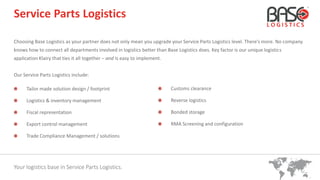 Your logistics base in Service Parts Logistics.
Choosing Base Logistics as your partner does not only mean you upgrade your Service Parts Logistics level. There’s more. No company
knows how to connect all departments involved in logistics better than Base Logistics does. Key factor is our unique logistics
application Klairy that ties it all together – and is easy to implement.
Our Service Parts Logistics include:
Tailor made solution design / footprint
Logistics & inventory management
Fiscal representation
Export control management
Trade Compliance Management / solutions
Service Parts Logistics
Customs clearance
Reverse logistics
Bonded storage
RMA Screening and configuration
 