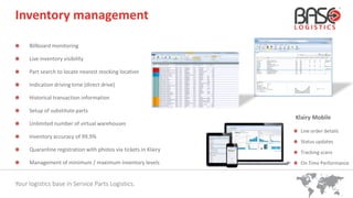 Your logistics base in Service Parts Logistics.
Billboard monitoring
Live inventory visibility
Part search to locate nearest stocking location
Indication driving time (direct drive)
Historical transaction information
Setup of substitute parts
Unlimited number of virtual warehouses
Inventory accuracy of 99,9%
Quarantine registration with photos via tickets in Klairy
Management of minimum / maximum inventory levels
Inventory management
Klairy Mobile
Live order details
Status updates
Tracking scans
On Time Performance
 
