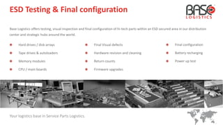 Your logistics base in Service Parts Logistics.
Hard drives / disk arrays
Tape drives & autoloaders
Memory modules
CPU / main boards
Final configuration
Battery recharging
Power up test
ESD Testing & Final configuration
Base Logistics offers testing, visual inspection and final configuration of hi-tech parts within an ESD secured area in our distribution
center and strategic hubs around the world.
Final Visual defects
Hardware revision and cleaning
Return counts
Firmware upgrades
 