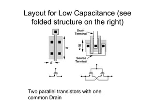 Layout for Low Capacitance (see
folded structure on the right)
Two parallel transistors with one
Two parallel transistors ...