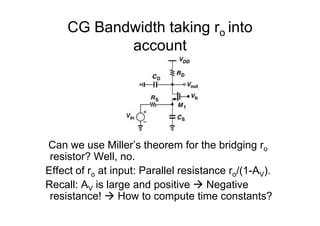 CG Bandwidth taking ro into
o
account
Can we use Miller’s theorem for the bridging ro
resistor? Well, no.
Effect of ro at ...