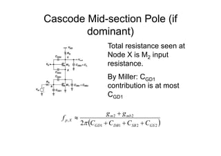 Cascode Mid-section Pole (if
dominant)
Total resistance seen at
Node X is M2 input
resistance.
By Miller: CGD1
By Miller: ...