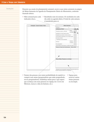 8 Usar o Tempo com Sabedoria


        Anotações       Durante sua sessão de planejamento semanal, escreva suas metas semanais na página
                        de Metas Semanais da Agenda de Planejamento Diário do Missionário, conforme
                        ilustrado abaixo.

                        • Meta semanal para cada    • Resultados reais da semana. Os resultados de cada
                          indicador-chave.            dia estão na agenda diária. O total de cada semana
                                                      é transferido para cá.




                        • Nomes das pessoas com maior probabilidade de ajudá-lo a       • Espaço para
                          cumprir suas metas (pesquisadores que estão progredindo,        escrever outras
                          novos pesquisadores). Estabeleça metas para o que espera        metas pessoais
                          que aconteça com essas pessoas (ir à Igreja, ler o Livro de     ou da dupla.
                          Mórmon, marcar a data do batismo, etc.).




  154
 