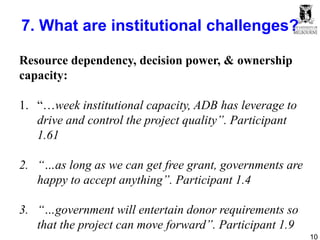 10
7. What are institutional challenges?
Resource dependency, decision power, & ownership
capacity:
1. “…week institutional capacity, ADB has leverage to
drive and control the project quality”. Participant
1.61
2. “…as long as we can get free grant, governments are
happy to accept anything”. Participant 1.4
3. “…government will entertain donor requirements so
that the project can move forward”. Participant 1.9
 