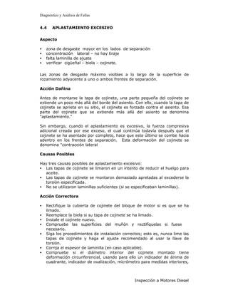 Diagnóstico y Análisis de Fallas


4.4    APLASTAMIENTO EXCESIVO


Aspecto

•   zona de desgaste mayor en los lados de separación
•   concentración lateral – no hay tiraje
•   falta laminilla de ajuste
•   verificar cigüeñal – biela – cojinete.


Las zonas de desgaste máximo visibles a lo largo de la superficie de
rozamiento adyacente a uno o ambos frentes de separación.

Acción Dañina

Antes de montarse la tapa de cojinete, una parte pequeña del cojinete se
extiende un poco más allá del borde del asiento. Con ello, cuando la tapa de
cojinete se aprieta en su sitio, el cojinete es forzado contra el asiento. Esa
parte del cojinete que se extiende más allá del asiento se denomina
"aplastamiento."

Sin embargo, cuando el aplastamiento es excesivo, la fuerza compresiva
adicional creada por ese exceso, el cual continúa todavía después que el
cojinete se ha asentado por completo, hace que este último se combe hacia
adentro en los frentes de separación. Esta deformación del cojinete se
denomina "contracción lateral

Causas Posibles

Hay tres causas posibles de aplastamiento excesivo:
• Las tapas de cojinete se limaron en un intento de reducir el huelgo para
  aceite.
• Las tapas de cojinete se montaron demasiado apretadas al excederse la
  torsión especificada.
• No se utilizaron laminillas suficientes (si se especificaban laminillas).

Acción Correctora

•   Rectifique la cubierta de cojinete del bloque de motor si es que se ha
    limado.
•   Reemplace la biela si su tapa de cojinete se ha limado.
•   Instale el cojinete nuevo.
•   Compruebe las superficies del muñón y rectifíquelas si fuese
    necesario.
•   Siga los procedimientos de instalación correctos; esto es, nunca lime las
    tapas de cojinete y haga el ajuste recomendado al usar la llave de
    torsión.
•   Corrija el espesor de laminilla (en caso aplicable).
•   Compruebe si el diámetro interior del cojinete montado tiene
    deformación circunferencial, usando para ello un indicador de ánima de
    cuadrante, indicador de ovalización, micrómetro para medidas interiores,



                                                 Inspección a Motores Diesel
 