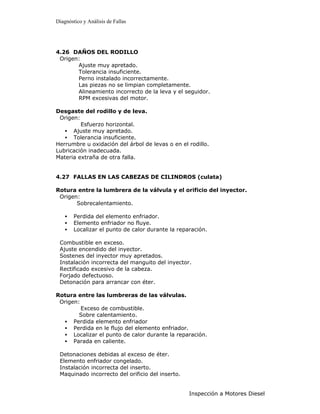 Diagnóstico y Análisis de Fallas




4.26 DAÑOS DEL RODILLO
 Origen:
       Ajuste muy apretado.
       Tolerancia insuficiente.
       Perno instalado incorrectamente.
       Las piezas no se limpian completamente.
       Alineamiento incorrecto de la leva y el seguidor.
       RPM excesivas del motor.

Desgaste del rodillo y de leva.
 Origen:
         Esfuerzo horizontal.
   • Ajuste muy apretado.
   • Tolerancia insuficiente.
Herrumbre u oxidación del árbol de levas o en el rodillo.
Lubricación inadecuada.
Materia extraña de otra falla.


4.27 FALLAS EN LAS CABEZAS DE CILINDROS (culata)

Rotura entre la lumbrera de la válvula y el orificio del inyector.
 Origen:
       Sobrecalentamiento.

    •   Perdida del elemento enfriador.
    •   Elemento enfriador no fluye.
    •   Localizar el punto de calor durante la reparación.

 Combustible en exceso.
 Ajuste encendido del inyector.
 Sostenes del inyector muy apretados.
 Instalación incorrecta del manguito del inyector.
 Rectificado excesivo de la cabeza.
 Forjado defectuoso.
 Detonación para arrancar con éter.

Rotura entre las lumbreras de las válvulas.
 Origen:
         Exceso de combustible.
        Sobre calentamiento.
  • Perdida elemento enfriador
  • Perdida en le flujo del elemento enfriador.
  • Localizar el punto de calor durante la reparación.
  • Parada en caliente.

 Detonaciones debidas al exceso de éter.
 Elemento enfriador congelado.
 Instalación incorrecta del inserto.
 Maquinado incorrecto del orificio del inserto.


                                                   Inspección a Motores Diesel
 
