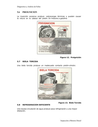 Diágnostico y Análisis de Fallas


5.6    PREIGNICION
La inyección excesiva produce sobrecargas térmicas y pueden causar
la rotura en la cabeza del pistón. En motores a gasolina




                                                 Figura 12. Preignición

5.7    BIELA TORCIDA

Una biela torcida produce un inadecuado contacto pistón-cilindro




                                               Figura 13. Biela Torcida
5.8    REFRIGERACION DEFICIENTE

Una escasa circulación de agua produce poca refrigeración y una mayor
dilatación.




                                                 Inspección a Motores Diesel
 