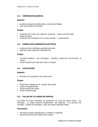 Diagnóstico y Análisis de Fallas




3.2    CORROSION QUIMICA

Aspecto

•   picaduras ásperas decoloradas y grietas de fatigas
•   hay acumulación de óxidos

Origen

•   condición del motor por vapores químicos – lugar contraminado
•   fugas de agua
•   aumento de humedad con el motor parado – condensación


3.3     DAÑOS POR CORRIENTE ELECTRICA

•   picaduras bien definidas geométricamente
•   algunas veces presenta ondulaciones

Origen

•   corriente estática – por embrague – bandas y piezas en movimiento- el
    viento
•   mala conexión de masa del motor al chasis.


3.4    CAVITACION

Aspecto

•   Erosión en la superficie de rozamiento

Origen

•   filtraciones rápidas en la presión del aceite
•   aceite no especificado
•   mala presión del aceite
•   aceite contaminado


3.5    FALLAS DE LA CARGA DE EMPUJE

Las fallas de estos cojinetes no presentan un área de fallas serias , sin
embargo , un juego excesivo longitudinal del cigüeñal , o la practica de
manejar “ pisado el embrague aras que estos cojinetes fallen.

Precaución

•   permita el juego especificado al instalar el cigüeñal
•   fomente dos buenos hábitos del manejo


                                                    Inspección a Motores Diesel
 