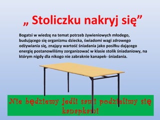 „ Stoliczku nakryj się”
  Bogatsi w wiedzę na temat potrzeb żywieniowych młodego,
  budującego się organizmu dziecka, świadomi wagi zdrowego
  odżywiania się, znający wartość śniadania jako posiłku dającego
  energię postanowiliśmy zorganizować w klasie stolik śniadaniowy, na
  którym nigdy dla nikogo nie zabraknie kanapek- śniadania.




Nie b ę dziemy jedli sami podzielimy si ę
               kanapkami
 