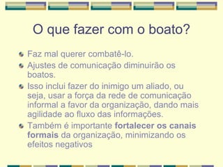 O que fazer com o boato?
Faz mal querer combatê-lo.
Ajustes de comunicação diminuirão os
boatos.
Isso inclui fazer do inimigo um aliado, ou
seja, usar a força da rede de comunicação
informal a favor da organização, dando mais
agilidade ao fluxo das informações.
Também é importante fortalecer os canais
formais da organização, minimizando os
efeitos negativos
 