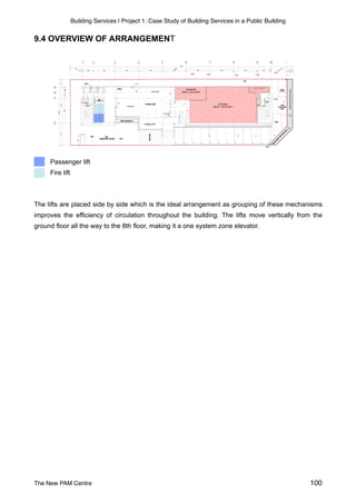 Building Services | Project 1: Case Study of Building Services in a Public Building
9.4 OVERVIEW OF ARRANGEMENT
Passenger lift
Fire lift
The lifts are placed side by side which is the ideal arrangement as grouping of these mechanisms
improves the efficiency of circulation throughout the building. The lifts move vertically from the
ground floor all the way to the 8th floor, making it a one system zone elevator.
The New PAM Centre 100
 