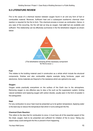 Building Services | Project 1: Case Study of Building Services in a Public Building
6.2 LITERATURE REVIEW
Fire is the cause of a chemical reaction between oxygen found in air and any form of fuel or
combustible material. Moreover, Sufficient heat and a subsequent exothermic chemical chain
reaction is required for the fire to form. This chemical process is known as combustion. Hence, in
any case of fire occurring, the fire will last as long as oxygen, heat and fuel are available and
sufficient. This relationship can be effectively summarize in the fire tetrahedron diagram as shown
below:
( Fire tetrahedron showing all the necessary component
for fire to occur. )
Fuel:
This relates to the building material used in construction as a whole which include the structural
components, finishes and also combustible objects example being furnitures, paper and
electronics. Some materials are fireproof or fire resistance which are optimal to be used.
Oxygen:
Oxygen exists practically everywhere on the surface of the Earth due to the atmosphere.
Removing oxygen is one effective way to stop a fire such as fire suppression system, limiting
natural ventilation and replacing oxygen with carbon dioxide, usually seen in the form of powder in
fire extinguisher.
Heat:
For any combustion to occur heat must be presented up to its ignition temperature. Applying water
is the best way to reduce the temperature fast which in turns extinguish the fire.
Chemical Chain Reaction:
This refers to the idea that for combustion to occur, it must have all of the essential aspect of the
fire (heat, oxygen, fuel) to be presented and sufficient for initiation of fire to occur. Taking any
aspect away could extinguish the fire or prevent it from happening.
The New PAM Centre 15
 