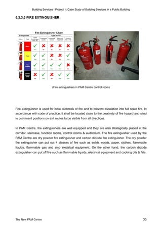 Building Services | Project 1: Case Study of Building Services in a Public Building
6.3.3.3 FIRE EXTINGUISHER
(Fire extinguishers in PAM Centre control room)
Fire extinguisher is used for initial outbreak of fire and to prevent escalation into full scale fire. In
accordance with code of practice, it shall be located close to the proximity of fire hazard and sited
in prominent positions on exit routes to be visible from all directions.
In PAM Centre, fire extinguishers are well equipped and they are also strategically placed at the
corridor, staircase, function rooms, control rooms & auditorium. The fire extinguisher used by the
PAM Centre are dry powder fire extinguisher and carbon dioxide fire extinguisher. The dry powder
fire extinguisher can put out 4 classes of fire such as solids woods, paper, clothes, flammable
liquids, flammable gas and also electrical equipment. On the other hand, the carbon dioxide
extinguisher can put off fire such as flammable liquids, electrical equipment and cooking oils & fats.
The New PAM Centre 35
 