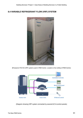 Building Services | Project 1: Case Study of Building Services in a Public Building
8.4 VARIABLE REFRIGERANT FLOW (VRF) SYSTEM
(Panasonic FSV EX (VRF system) used in PAM Centre. Located on the rooftop of PAM Centre)
(Diagram showing VRF system connected by several A/C & control panels)
The New PAM Centre 91
 