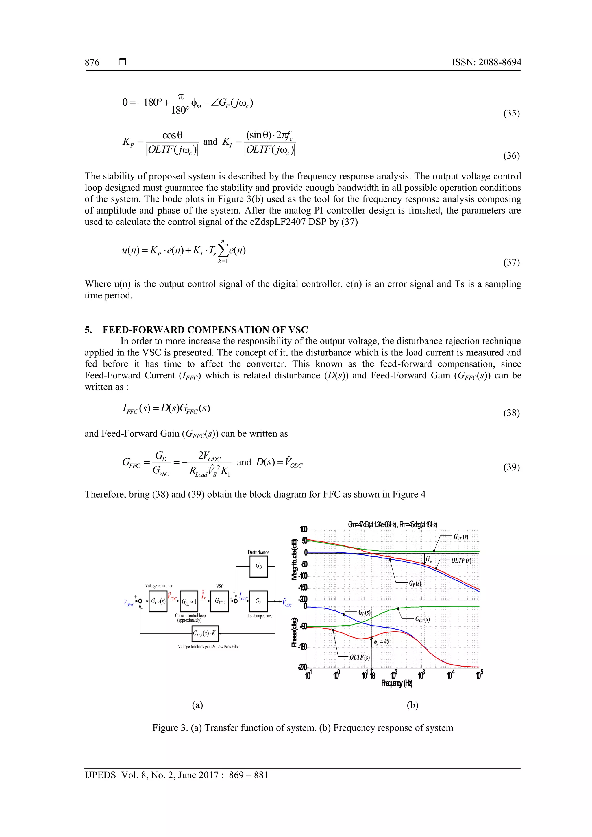  ISSN: 2088-8694
IJPEDS Vol. 8, No. 2, June 2017 : 869 – 881
876
180 ( )
180 m P c
G j

    f  
 (35)
cos
( )
P
c
K
OLTF j



and
(sin ) 2
( )
c
I
c
f
K
OLTF j
  


(36)
The stability of proposed system is described by the frequency response analysis. The output voltage control
loop designed must guarantee the stability and provide enough bandwidth in all possible operation conditions
of the system. The bode plots in Figure 3(b) used as the tool for the frequency response analysis composing
of amplitude and phase of the system. After the analog PI controller design is finished, the parameters are
used to calculate the control signal of the eZdspLF2407 DSP by (37)
1
( ) ( ) ( )
n
P I s
k
u n K e n K T e n

    
(37)
Where u(n) is the output control signal of the digital controller, e(n) is an error signal and Ts is a sampling
time period.
5. FEED-FORWARD COMPENSATION OF VSC
In order to more increase the responsibility of the output voltage, the disturbance rejection technique
applied in the VSC is presented. The concept of it, the disturbance which is the load current is measured and
fed before it has time to affect the converter. This known as the feed-forward compensation, since
Feed-Forward Current (IFFC) which is related disturbance (D(s)) and Feed-Forward Gain (GFFC(s)) can be
written as :
( ) ( ) ( )
FFC FFC
I s D s G s
 (38)
and Feed-Forward Gain (GFFC(s)) can be written as
2
1
2
ˆ
ODC
D
FFC
VSC Load S
V
G
G
G R V K
   and ( ) ODC
D s V
 (39)
Therefore, bring (38) and (39) obtain the block diagram for FFC as shown in Figure 4
(a) (b)
Figure 3. (a) Transfer function of system. (b) Frequency response of system
Voltage controller
+
Current control loop
-
(approximately)
Voltage feedback gain & Low Pass Filter
ˆ
S
I
1
( )
LPF
G s K

GVSC GZ
ODC
V
ORef
V
GD
ODC
I
+
+
CDC
V
Disturbance
Load impedance
VSC
GCV (s) 1
CL
G 
M
a
g
n
itu
d
e
(d
B
)
P
h
a
s
e
(d
e
g
)
Frequency(Hz)
OLTF(s)
-200
-150
-100
-50
0
50
100
10
-1
100
101
102
103
104
105
-270
-180
-90
0
G
m=47dB(at1.24e+03Hz), P
m=45deg(at18Hz)
45
m 
f
18
m
G
GCV (s)
GP (s)
GP (s)
GCV (s)
OLTF(s)
 