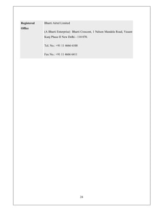 Registered   Bharti Airtel Limited
Office
             (A Bharti Enterprise) Bharti Crescent, 1 Nelson Mandela Road, Vasant
             Kunj Phase II New Delhi - 110 070.

             Tel. No.: +91 11 4666 6100

             Fax No.: +91 11 4666 6411




                                          24
 