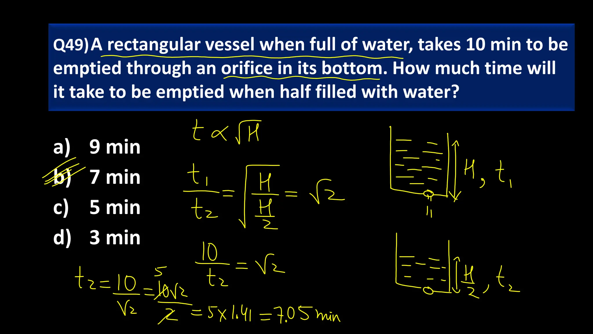 a) 9 min
b) 7 min
c) 5 min
d) 3 min
Q49)A rectangular vessel when full of water, takes 10 min to be
emptied through an orifice in its bottom. How much time will
it take to be emptied when half filled with water?
 