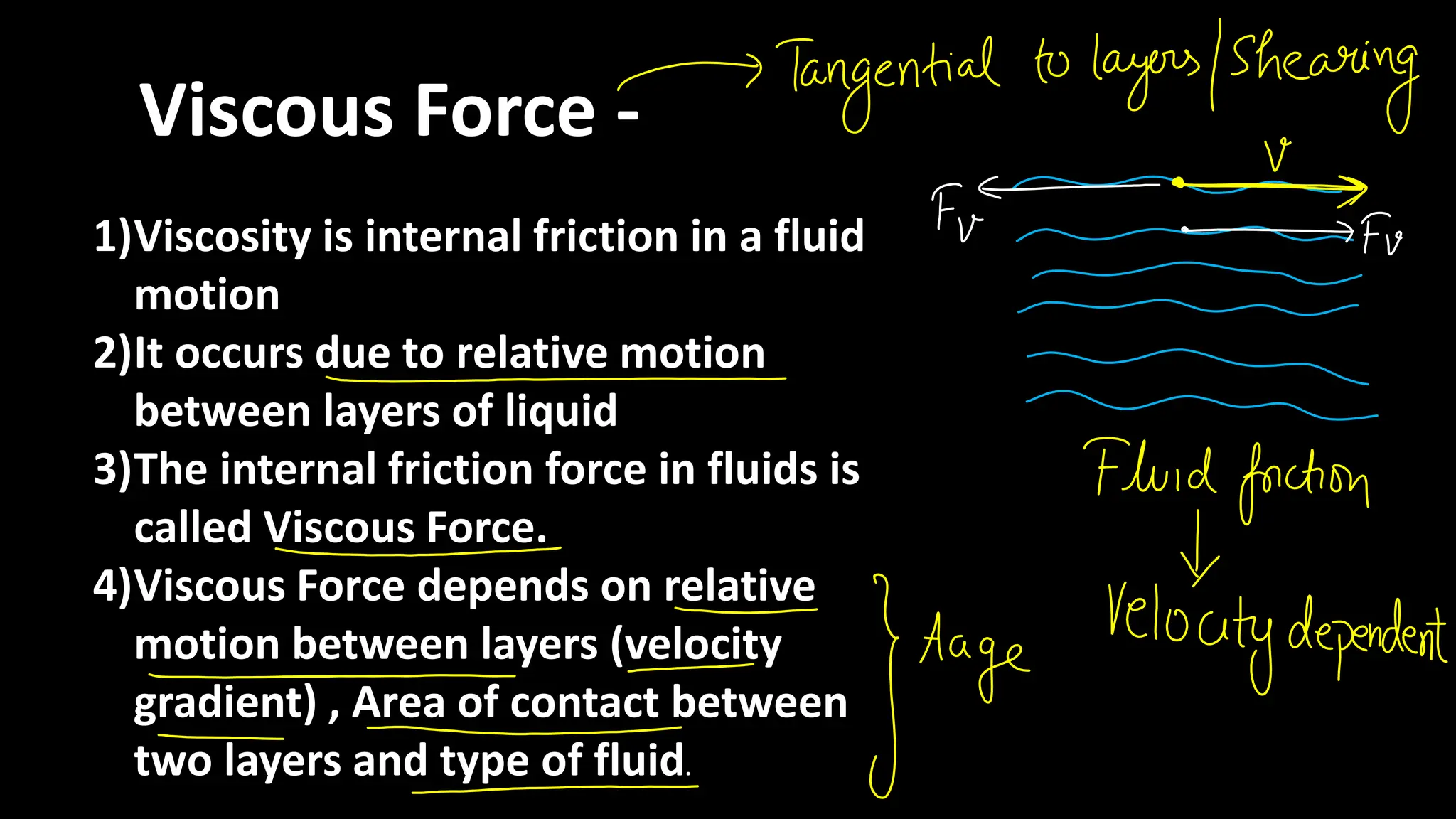 Viscous Force -
1)Viscosity is internal friction in a fluid
motion
2)It occurs due to relative motion
between layers of liquid
3)The internal friction force in fluids is
called Viscous Force.
4)Viscous Force depends on relative
motion between layers (velocity
gradient) , Area of contact between
two layers and type of fluid.
 