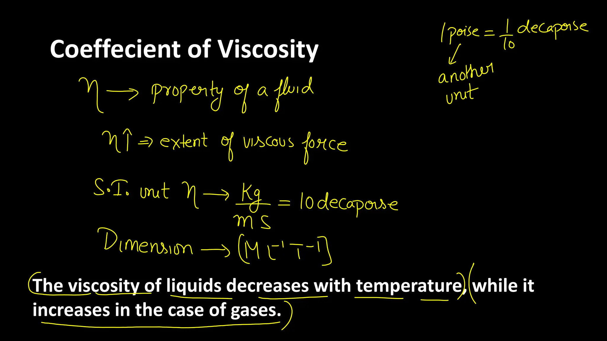 Coeffecient of Viscosity
The viscosity of liquids decreases with temperature, while it
increases in the case of gases.
 
