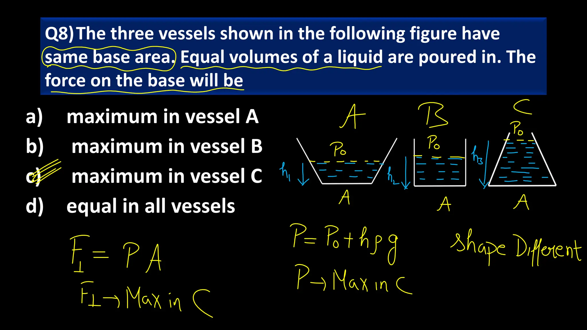 a) maximum in vessel A
b) maximum in vessel B
c) maximum in vessel C
d) equal in all vessels
Q8)The three vessels shown in the following figure have
same base area. Equal volumes of a liquid are poured in. The
force on the base will be
 