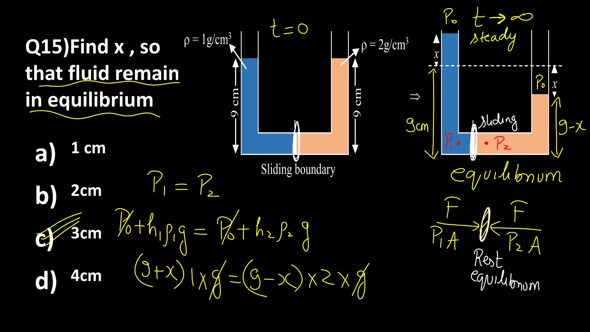 Q15)Find x , so
that fluid remains
in equilibrium
a) 1 cm
b) 2cm
c) 3cm
d) 4cm
9
cm
9
cm
 = 1g/cm3
 = 2g/cm3
Sliding boundary

x
x
 