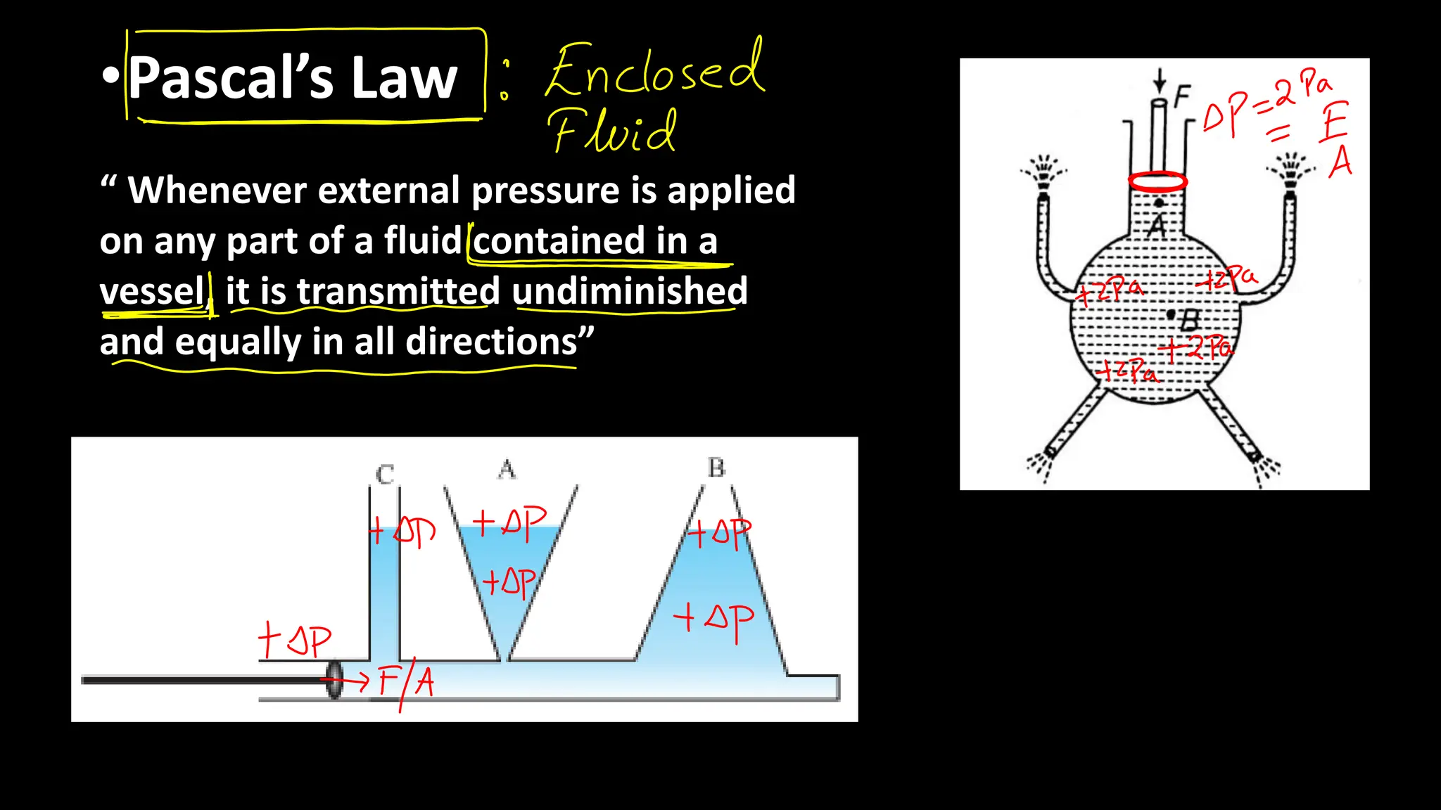 •Pascal’s Law
“ Whenever external pressure is applied
on any part of a fluid contained in a
vessel, it is transmitted undiminished
and equally in all directions”
 