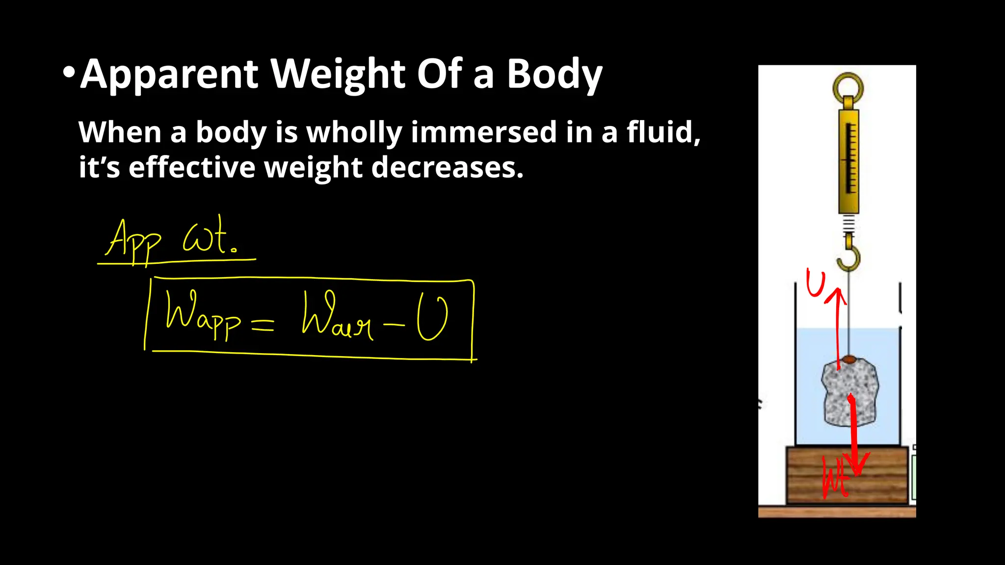 •Apparent Weight Of a Body
When a body is wholly immersed in a fluid,
it’s effective weight decreases.
 