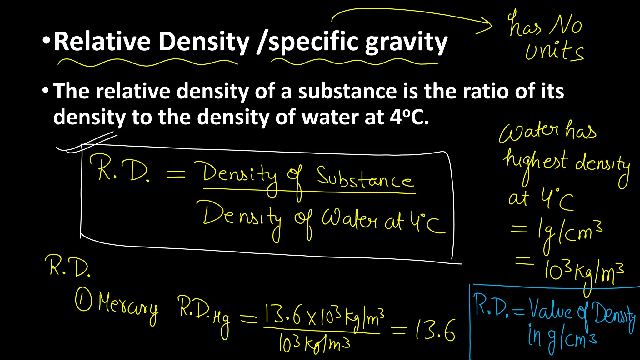 •The relative density of a substance is the ratio of its
density to the density of water at 4oC.
•Relative Density /specific gravity
 