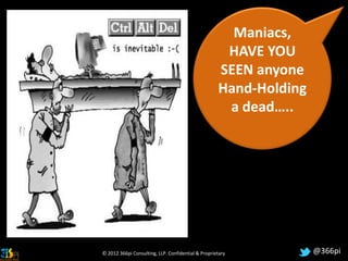 Maniacs,
                                                     HAVE YOU
                                                    SEEN anyone
                                                    Hand-Holding
                                                     a dead…..




© 2012 366pi Consulting, LLP. Confidential & Proprietary           @366pi
 