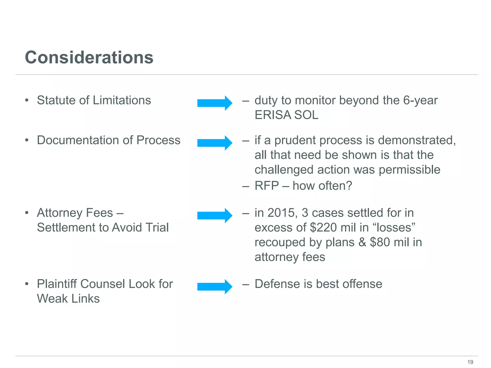 Considerations
• Statute of Limitations – duty to monitor beyond the 6-year
ERISA SOL
• Documentation of Process – if a prudent process is demonstrated,
all that need be shown is that the
challenged action was permissible
– RFP – how often?
• Attorney Fees –
Settlement to Avoid Trial
– in 2015, 3 cases settled for in
excess of $220 mil in “losses”
recouped by plans & $80 mil in
attorney fees
19
• Plaintiff Counsel Look for
Weak Links
– Defense is best offense
 