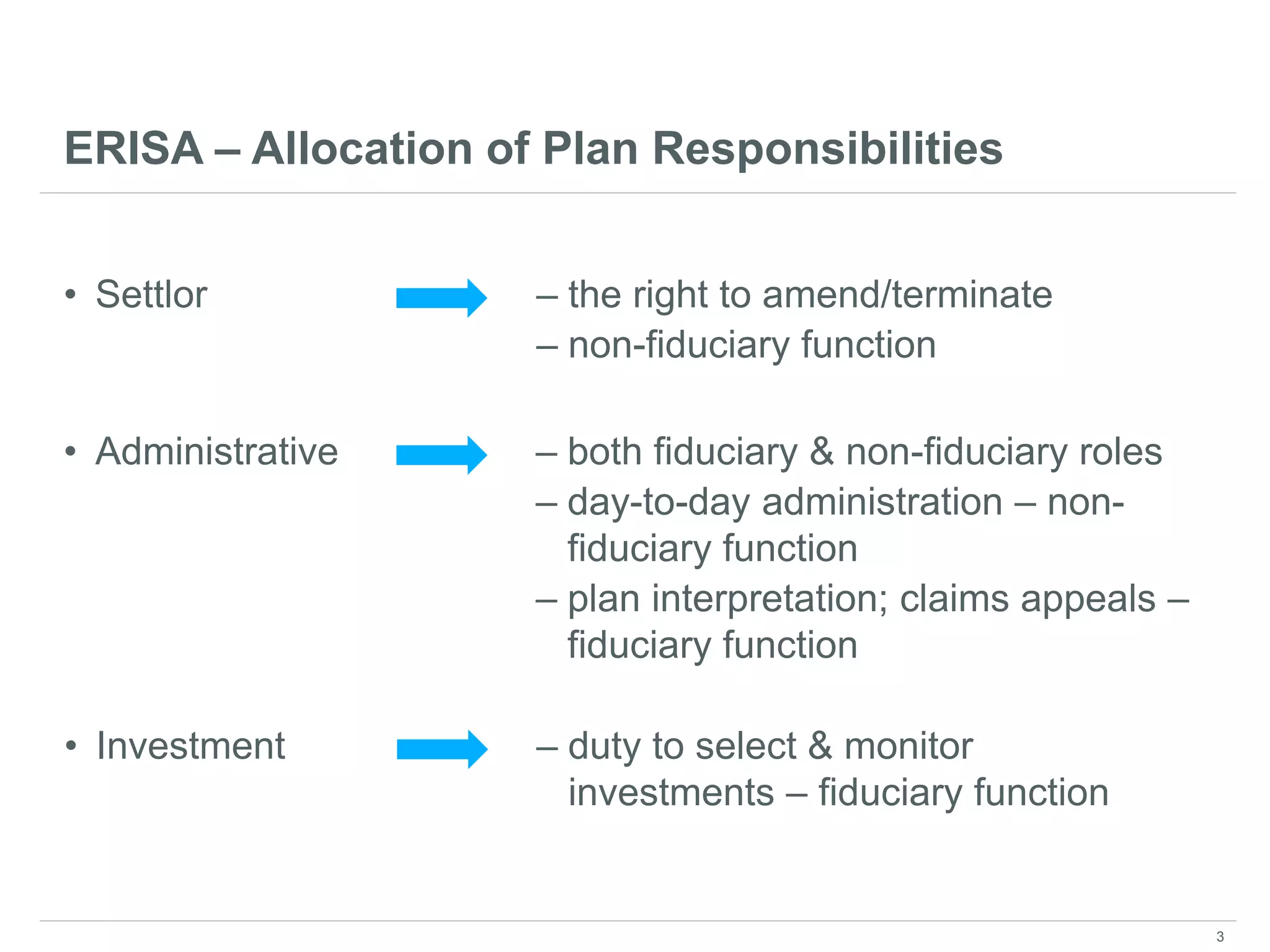 ERISA – Allocation of Plan Responsibilities
• Settlor – the right to amend/terminate
– non-fiduciary function
• Administrative – both fiduciary & non-fiduciary roles
– day-to-day administration – non-
fiduciary function
– plan interpretation; claims appeals –
fiduciary function
• Investment – duty to select & monitor
investments – fiduciary function
3
 