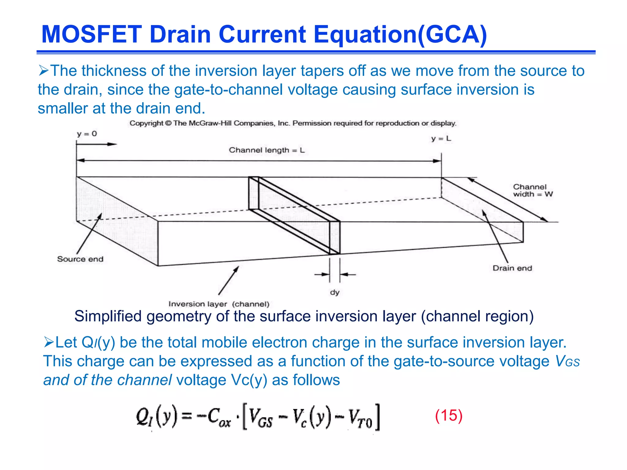 The thickness of the inversion layer tapers off as we move from the source to
the drain, since the gate-to-channel voltage causing surface inversion is
smaller at the drain end.
Simplified geometry of the surface inversion layer (channel region)
MOSFET Drain Current Equation(GCA)
Let QI(y) be the total mobile electron charge in the surface inversion layer.
This charge can be expressed as a function of the gate-to-source voltage VGS
and of the channel voltage Vc(y) as follows
(15)
 