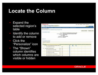 Locate the Column

‡ Expand the
  selected region¶s
  table
‡ Identify the column
  to add or remove
‡ Click the
  ³Personalize´ icon
‡ The ³Shown´
  column identifies
  which columns are
  visible or hidden
 