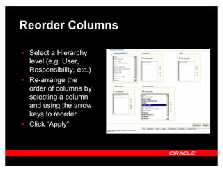 Reorder Columns

‡ Select a Hierarchy
  level (e.g. User,
  Responsibility, etc.)
‡ Re-arrange the
  order of columns by
  selecting a column
  and using the arrow
  keys to reorder
‡ Click ³Apply´
 