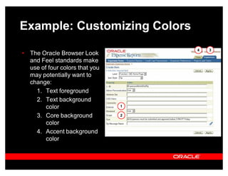 Example: Customizing Colors
                                    4   3
‡ The Oracle Browser Look
  and Feel standards make
  use of four colors that you
  may potentially want to
  change:
    1. Text foreground
    2. Text background
        color                   1

    3. Core background          2

        color
    4. Accent background
        color
 