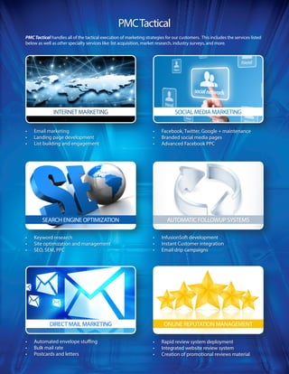 PMCTactical
PMC Tactical handles all of the tactical execution of marketing strategies for our customers. This includes the services listed
below as well as other specialty services like: list acquisition, market research, industry surveys, and more.
•	 Email marketing
•	 Landing page development
•	 List building and engagement
•	 Facebook, Twitter, Google + maintenance
•	 Branded social media pages
•	 Advanced Facebook PPC
•	 Keyword research
•	 Site optimization and management
•	 SEO, SEM, PPC
•	 InfusionSoft development
•	 Instant Customer integration
•	 Email drip campaigns
•	 Rapid review system deployment
•	 Integrated website review system
•	 Creation of promotional reviews material
•	 Automated envelope stuffing
•	 Bulk mail rate
•	 Postcards and letters
SOCIAL MEDIA MARKETINGINTERNET MARKETING
SEARCH ENGINE OPTIMIZATION AUTOMATIC FOLLOWUP SYSTEMS
DIRECT MAIL MARKETING ONLINE REPUTATION MANAGEMENT
 