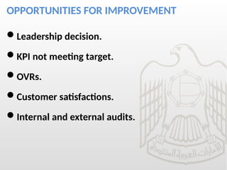 OPPORTUNITIES FOR IMPROVEMENT
Leadership decision.
KPI not meeting target.
OVRs.
Customer satisfactions.
Internal and external audits.
 