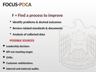 FOCUS-PDCA
F = Find a process to improve
 Identify problems & desired outcomes
 Review related standards & documents
 Analysis of collected data
POSSIBLE SOURCES
 Leadership decision.
 KPI not meeting target.
 OVRs.
 Customer satisfactions.
 Internal and external audits.
 