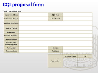 CQI proposal form
SKSH CQIA Proposal form
Improvement Issue CQIA Code
Indicator(s) / Target Action Periods
Variance Description
Scope of Process
Stakeholder
Desirable Outcome
Expected budget
Hospital-wide
supporting Issues
Team Leader Sponsor
Team members Facilitator
Approved by
In Charge C-suit CEO
 