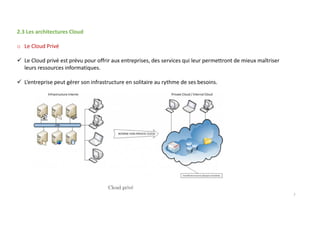 2.3 Les architectures Cloud
o Le Cloud Privé
Le Cloud privé est prévu pour offrir aux entreprises, des services qui leur permettront de mieux maîtriser
leurs ressources informatiques.
L’entreprise peut gérer son infrastructure en solitaire au rythme de ses besoins.
7
 