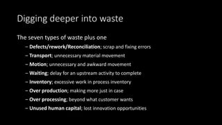 Digging deeper into waste
The seven types of waste plus one
‒ Defects/rework/Reconciliation; scrap and fixing errors
‒ Transport; unnecessary material movement
‒ Motion; unnecessary and awkward movement
‒ Waiting; delay for an upstream activity to complete
‒ Inventory; excessive work in process inventory
‒ Over production; making more just in case
‒ Over processing; beyond what customer wants
‒ Unused human capital; lost innovation opportunities
 