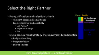 Select the Right Partner
• Pre-qualification and selection criteria
‒ The right personalities & attitude
‒ Lean experience and capability
• Last Planner®
• Target Value Design
• BIM
• Use a procurement Strategy that maximizes Lean benefits
‒ Early on-boarding
‒ Integrated team
‒ Shared savings
At Risk Savings
Shared pool
Construction
&
Fee
Contingency
SupplierOwner
Hire Trusted partner …. and trust them!
 